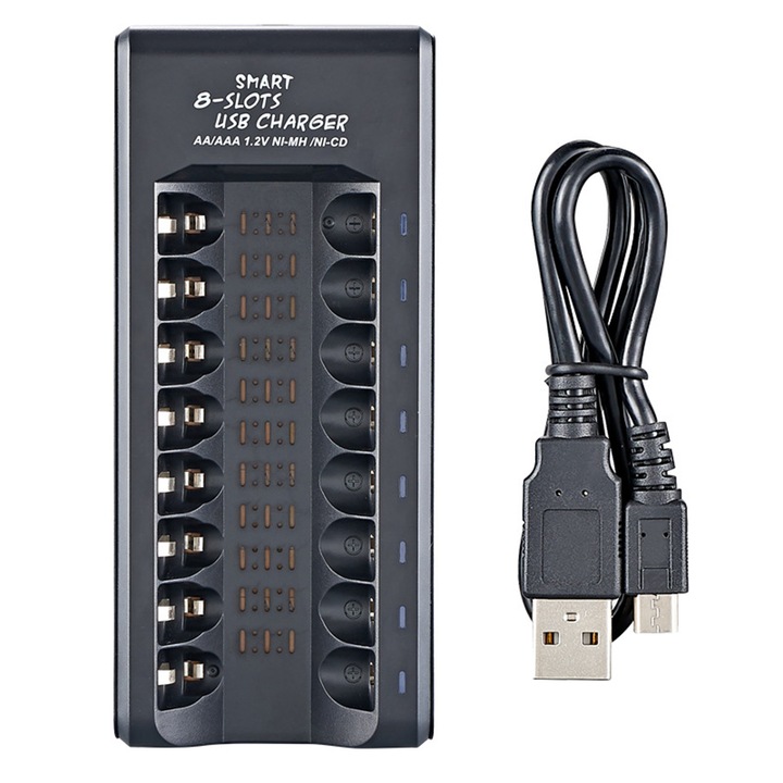 Töltő 8 db AA/AAA elemhez, NUODWELL, USB tápellátás, DC5V, független töltés, túlterhelés és túlfeszültség védelem, fekete