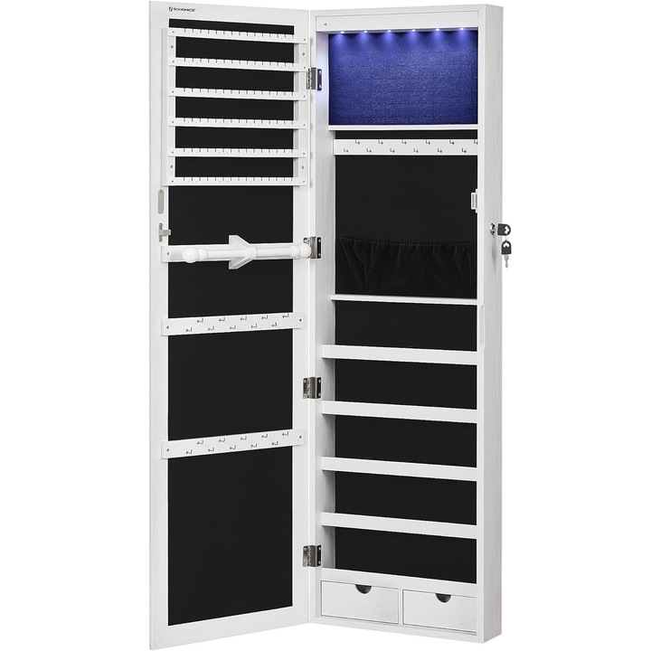 SONGMICS шкаф за бижута с огледало, стенен монтаж, заключващ се, 37x10x120см, бял