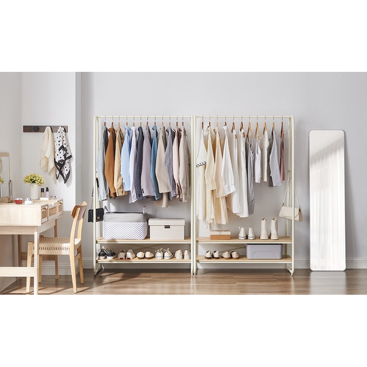Raft pentru haine cu suport pentru pantofi VASAGLE, 2 polite, 6 carlige laterale, 45x100x160cm, alb