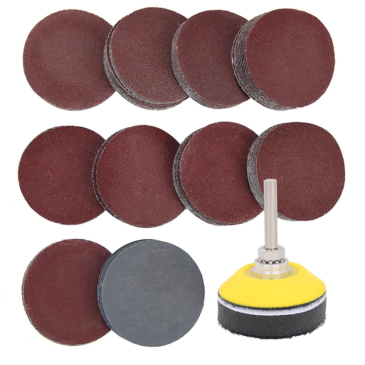 Комплект абразивни дискове Velcro 50 mm, NUODWELL, 303 бр., с държач за шлифовъчни дискове и удължител, зърненост 80, 100, 180, 240, 600, 800, 1000, 1200, 2000, 3000, кафяви