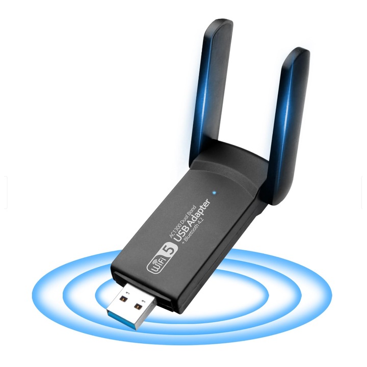 Vezeték nélküli adapter, kétsávos, WiFi Ethernet, 1300 Mbps, USB 3.0, 2.4G és 5G hálózat, nagy hatótáv, 2 antenna, fekete