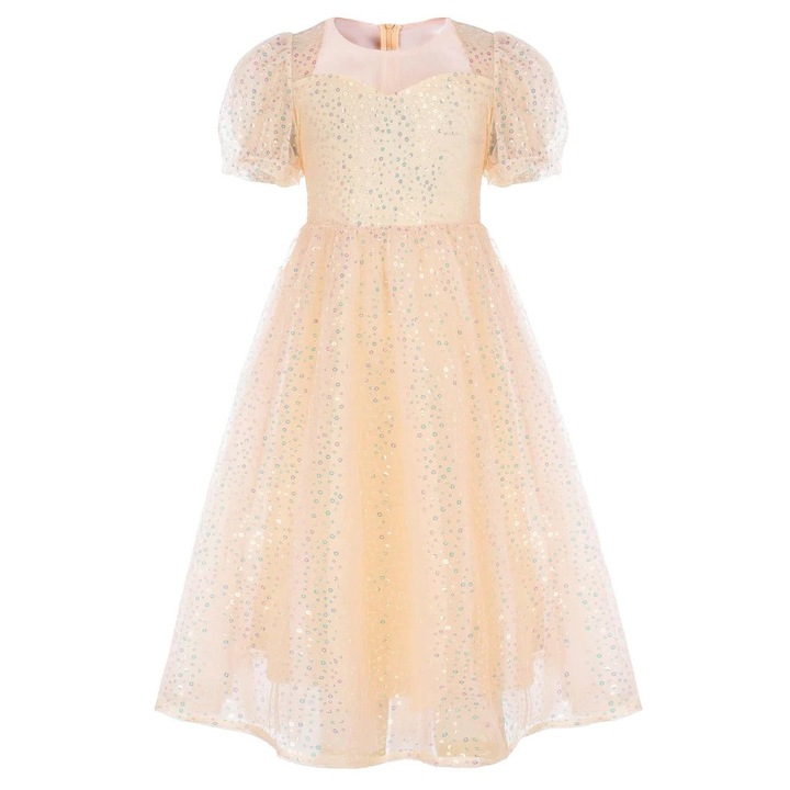 Rochie roz auriu cu maneci scurte cu paiete, tul lunga pentru fetite, marime 134, 8 ani, GRACE KARIN