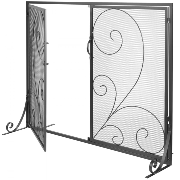 Paravan de Protectie pentru Semineu, Plasa De Fier, cu Usa, Dimensiuni 99cm x 80cm, Negru, Design Vintage