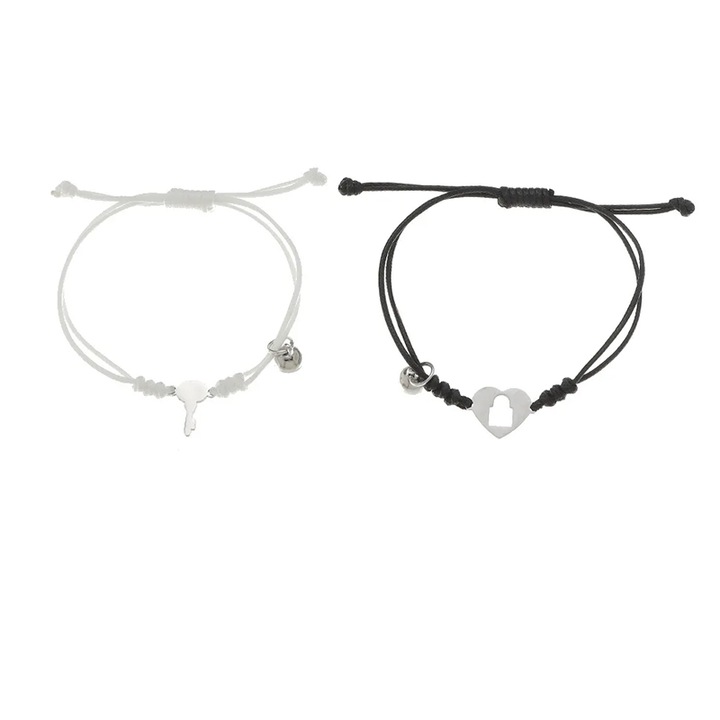 Set bratari cuplu tip sfoara, cu magnet, model potrivire perfecta, tematica forever together, reglabile, inimioara si cheita, unisex, alb si negru, EFAYN