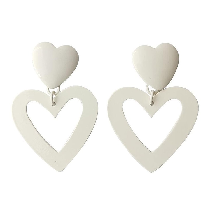 Cercei dama cu inimioare, model fashion elegant, tematica feel the love, albi, EFAYN