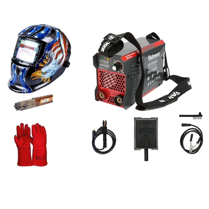 Aparat de sudura timp invertor Almaz AZ-ES002, MMA 250A, electrod 1.6-5mm + Masca Automata model Vultur + Palmari + Electrozi