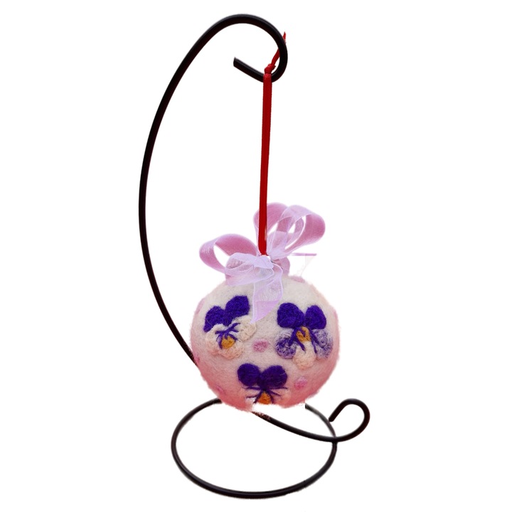 Accesoriu decorativ, Glob din Lana Impaslita cu flori, Panselute, diametru 7.5 cm, multicolor, cu suport metalic 23 cm
