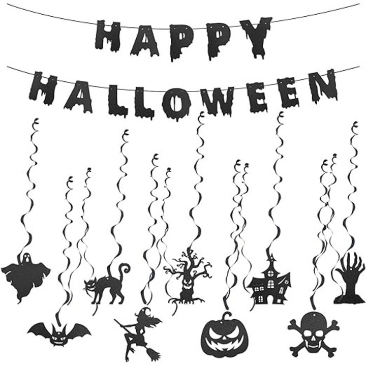 13 db halloween-i dekoráció szett, sütőtök, pók, koponya, szellem, transzparens, fekete, Bekecidi