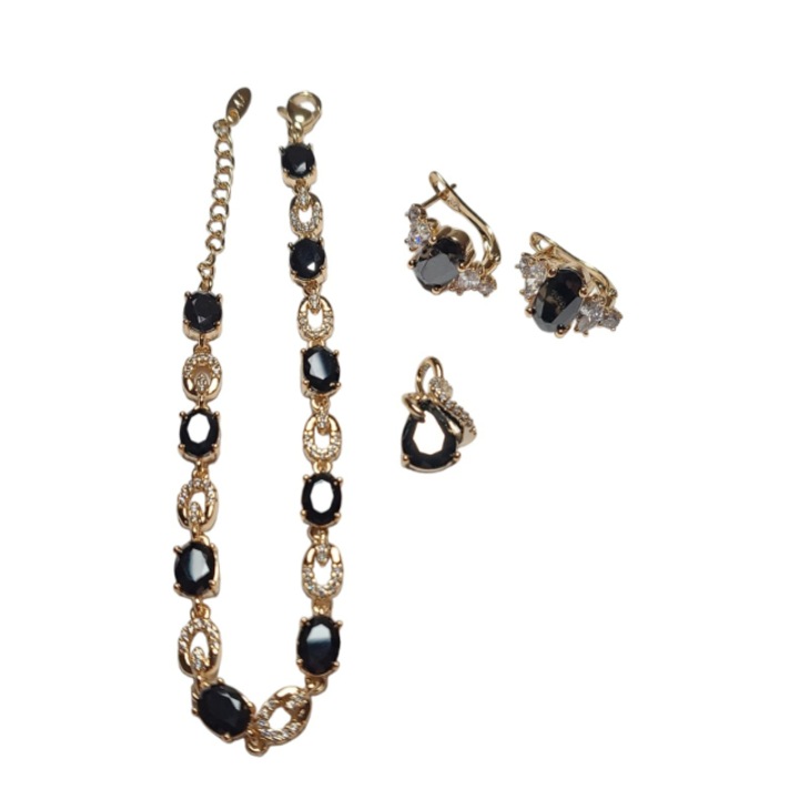 Set bijuterii dama, placat cu aur 18K, otel inoxidabil, safir cu cristale si pietre zirconiu, bratara, cercei, pandantiv, culoare negru