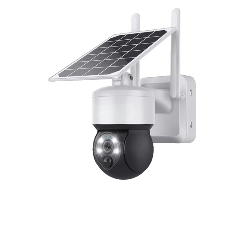 Solar Surveillance Kamera, Pan Tilt, 3MP, Éjszakai látás, Fehér, 4G, 64G TF kártya, Kültéri