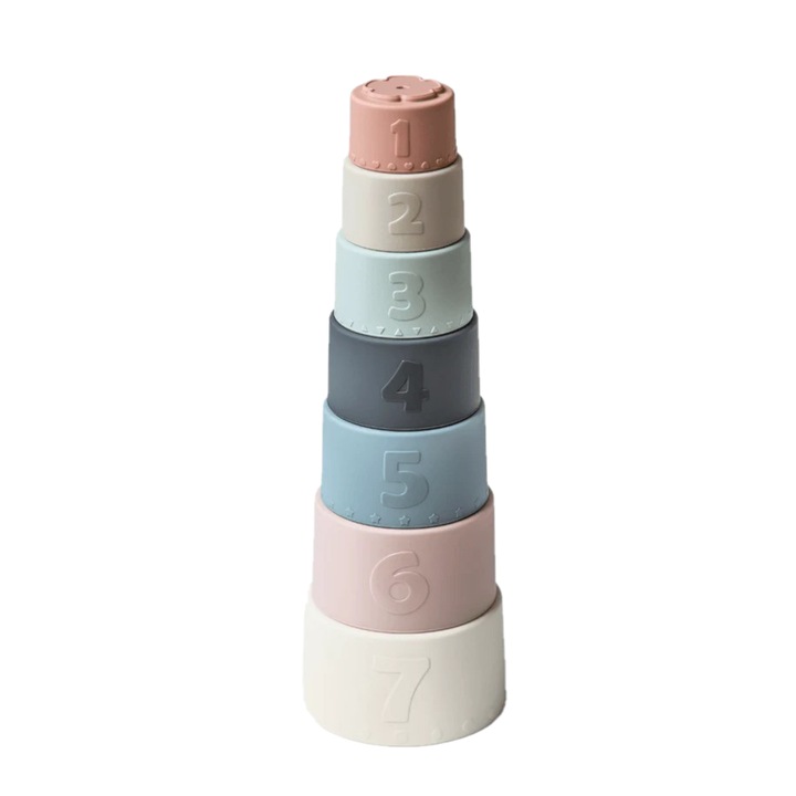 Образователна и интерактивна играчка за деца, Moonkie, Монтесори многоцветна кула за подреждане и сортиране от силикон - Съдържа 7 чаши със сензорни елементи, подходящи за никнене на зъби на бебета
