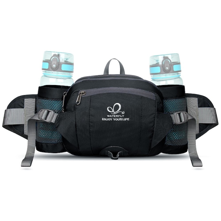 Спортна чанта за кръста, WATERFLY, найлон, поставка за бутилка, черна