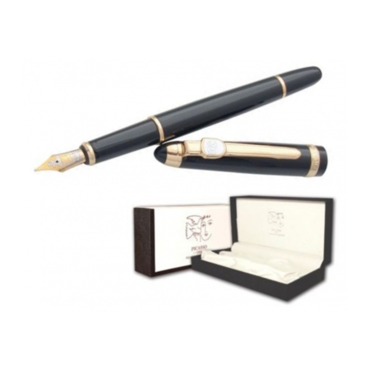 Set Picasso stilou penita iridium tip M placata cu aur de 18k pix roller, negru