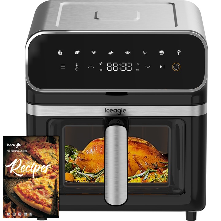 Léglevegős olajsütő iceagle AF-619A Forrólevegős sütő 6,7L kilátó ablakkal, dupla fűtés, 2200,00 W, 65 - 200 °, digitális kijelző, időzítő, 8 főzési program