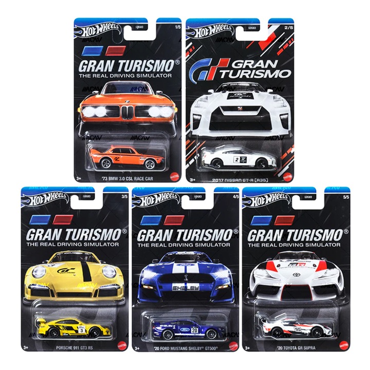 Комплект от 5 колички Hot Wheels Gran Turismo, Toyota GR Supra, Mustang Shelby GT500, Porsche 911 GT3 RS, Nissan GT-R, BMW 3.0 CSL, 1:64