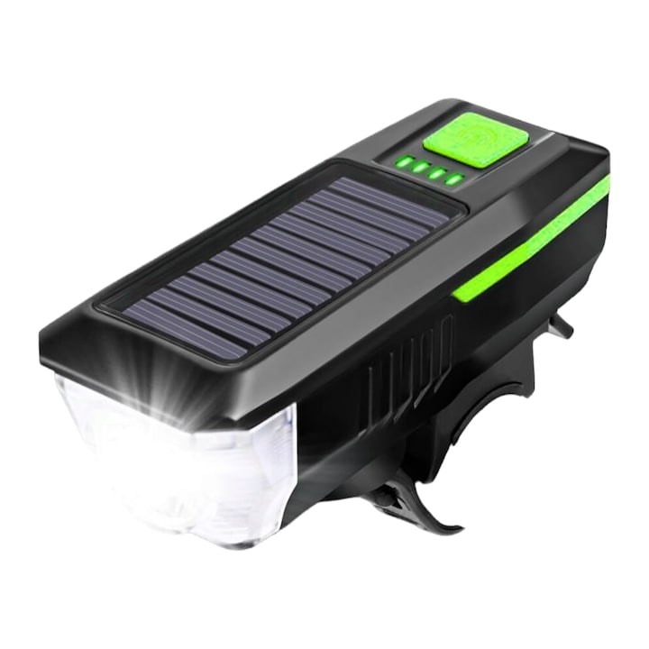 Far bicicleta, incarcare solara si USB, difuzor cu sonerii, AVI-2875 Negru