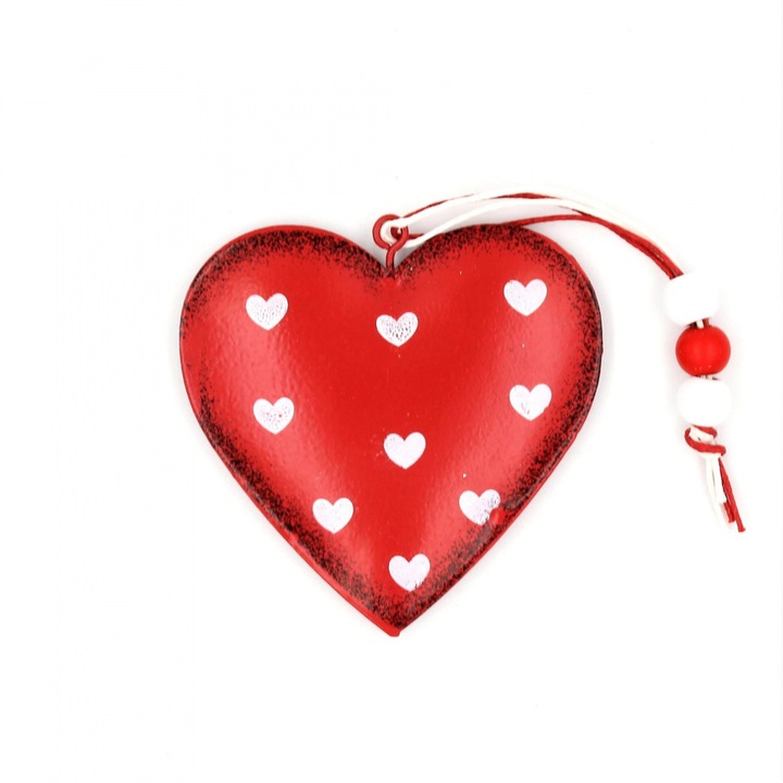 Decoratiune rosie, din metal - Inimioare albe