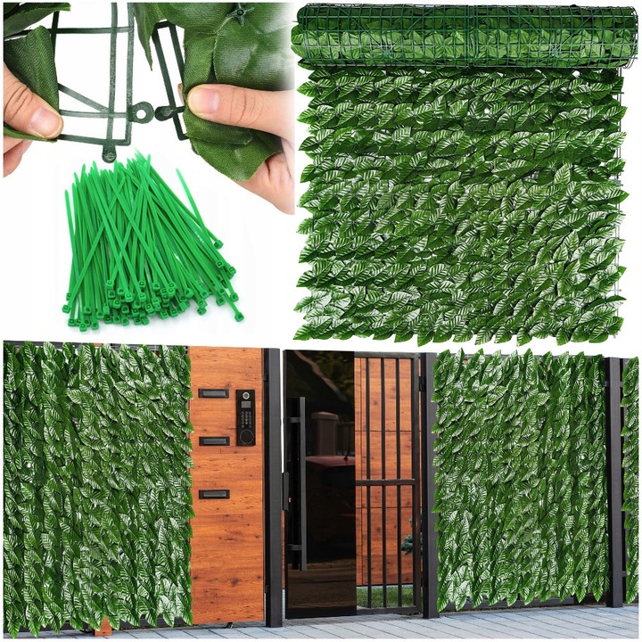 Paravan frunze artificiale pentru gard sau balcon, material PE rezistent UV, 50 cleme incluse, 100x300 cm, verde