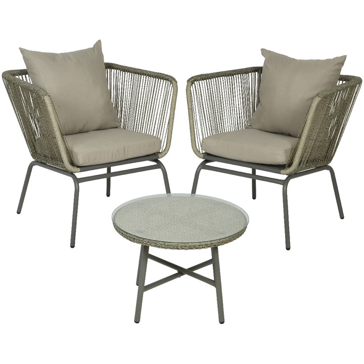 Set mobilier pentru gradina/terasa cu 2 fotolii si masuta Fyn Kaemingk, 2 fotolii 78x74cm, inaltime 82 cm, o masuta: 58x58 cm, inaltime 42 cm, rattan sintetic, gri
