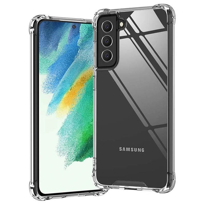 Husa protectie Mat-Tech compatibila cu Samsung Galaxy S21 FE 5G, Protectie Camera, Colturi anti-soc, Decupaje Precise, Rezistenta la impact, Margini ridicate pentru protectia ecranului, Transparenta