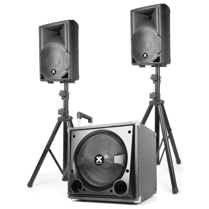Звуков комплект 2.1, 1x субуфер, 2x високоговорители с поддръжка, Bluetooth/MP3/SD/USB, 800W, Vonyx VX800BT