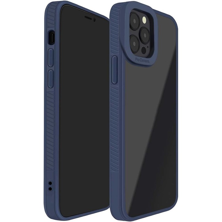 Husa PETERONG pentru iPhone 12 sau iPhone 12 Pro, 6, 1 inch, Bumper TPU cu Spate Dur PC, Antisoc, Albastra