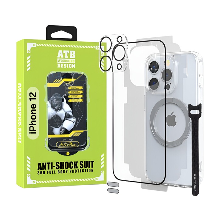 Husa iPhone 12 Antisoc ATB - Folie Sticla - Folie Spate - Protectie Camera - Inel Magnetic - Stickere Anti-Praf - Organizator Cabluri Bermek, Kit 6 in 1 De Protectie