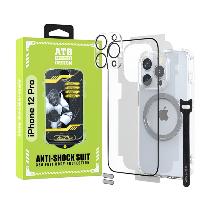 Husa iPhone 12 Pro Antisoc ATB - Folie Sticla - Folie Spate - Protectie Camera - Inel Magnetic - Stickere Anti-Praf - Organizator Cabluri Bermek, Kit 6 in 1 De Protectie