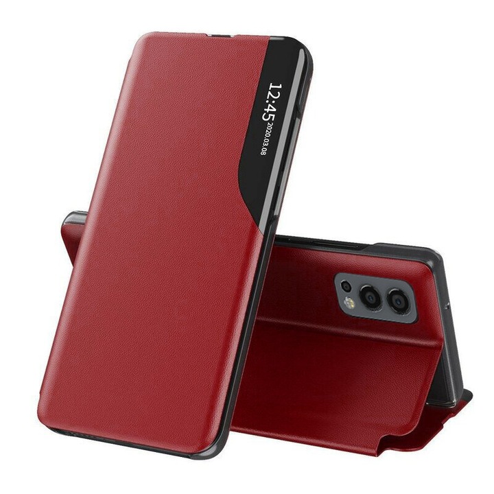 Защитен флип капак, съвместим с OnePlus Nord 2 5G, eFold, екологична кожа, червен