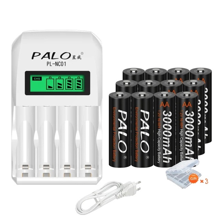 Set baterii AA reincarcabile, PALO, 3000mAh, auto-descarcare redusa, 1.2V, 12 bucati si incarcator