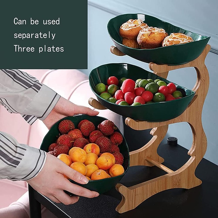 Gyümölcstál, WALALLA, műanyag/fa, 3 szintes, zöld/barna