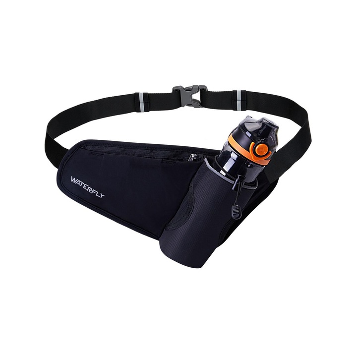 Чанта за кръста за бягане с поставка за бутилка вода, WATERFLY, ликра, 27x6x21см, черна