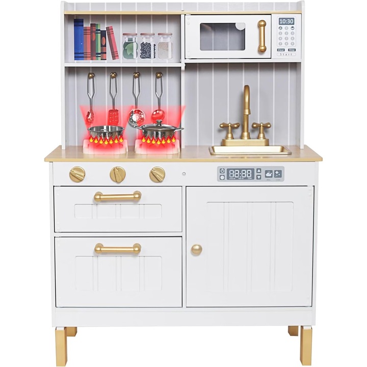 Винтидж детска кухня от естествено дърво KinderVibe™ Kitchen, горелки със светлини и звуци, микровълнова фурна, подвижна мивка, включени аксесоари за готвене, ретро бяло