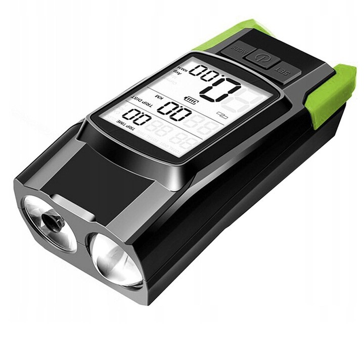 Kerékpár fényszóró 3 az 1-ben, 2x LED 5 Watt, kürt, sebességmérő, távolság, 4000mAh akkumulátor, USB, vízálló