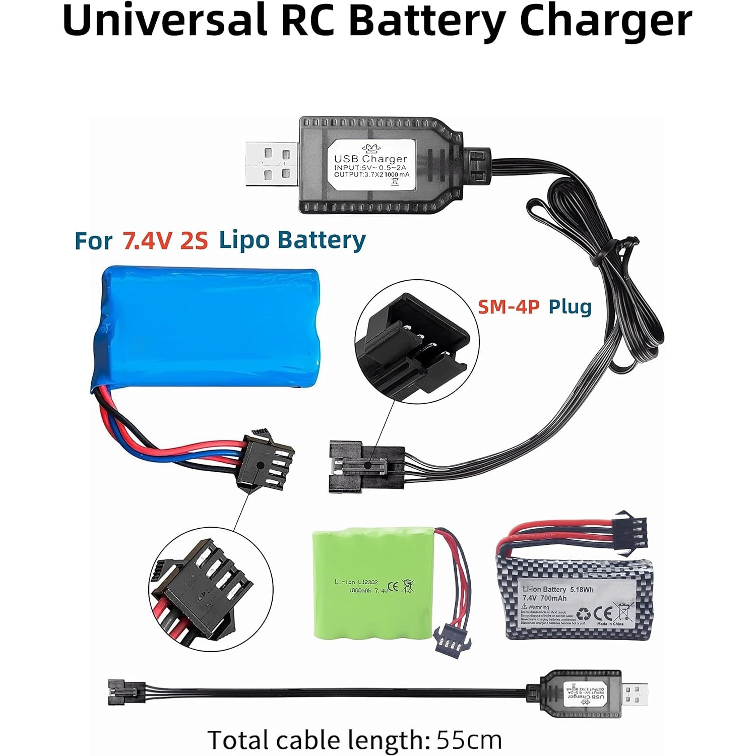 Cargador USB 7.4V Con Conector SM-4P Para Baterías LiPo 2S – Universal Para Coches RC, Drones Y Aviones, Con LED Indicador Y Protección De Seguridad