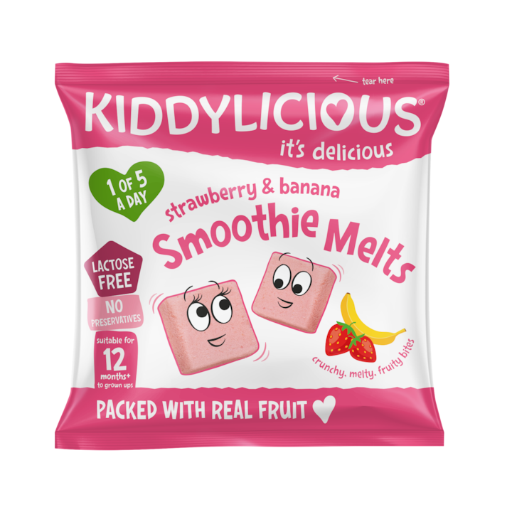 Gustare din bucati de piure de fructe Kiddylicious, capsuna si banana, 6g, de la 12 luni