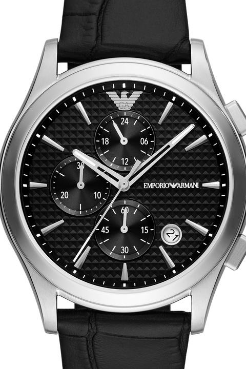 Emporio Armani, Часовник с хронограф и кожена каишка, Сребрист, Черен