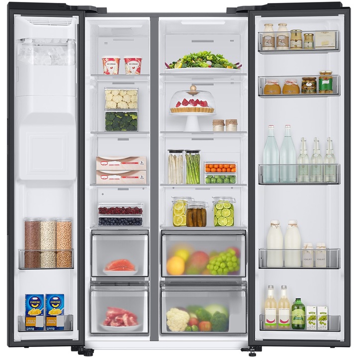 Side by side Samsung RS68CG882DB1EF, 634 l, Clasa D, Full No Frost, Twin Cooling Plus, Conversie Smart 5 in 1, Compresor Digital Inverter, WiFi, AI Energy, Smart Things, H 178 cm, Dark Inox