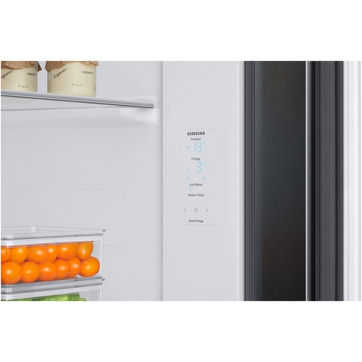 Side by side Samsung RS68CG882DB1EF, 634 l, Clasa D, Full No Frost, Twin Cooling Plus, Conversie Smart 5 in 1, Compresor Digital Inverter, WiFi, AI Energy, Smart Things, H 178 cm, Dark Inox