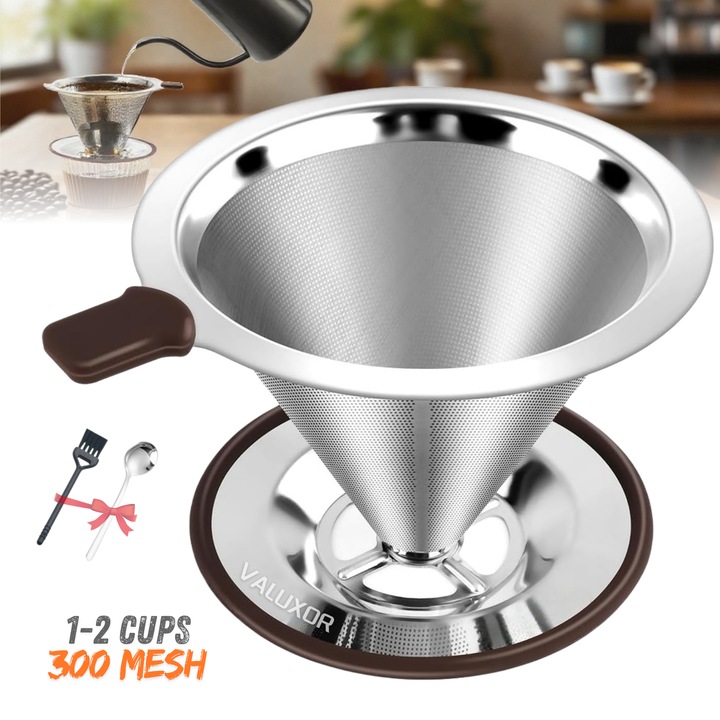 Filtru permanent de cafea, V-Shape, Picurare, 300 mesh, Inox dublu-strat, Reutilizabil, Destinat 1-3 persoane, 12 x 6.5 x 9.8cm, Argintiu