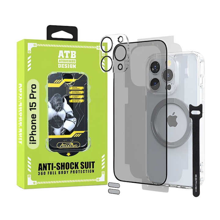 Husa iPhone 15 Pro Antisoc ATB - Folie Sticla Privacy - Folie Spate - Protectie Camera - Inel Magnetic - Stickere Anti-Praf - Organizator Cabluri Bermek, Kit 6 in 1 De Protectie
