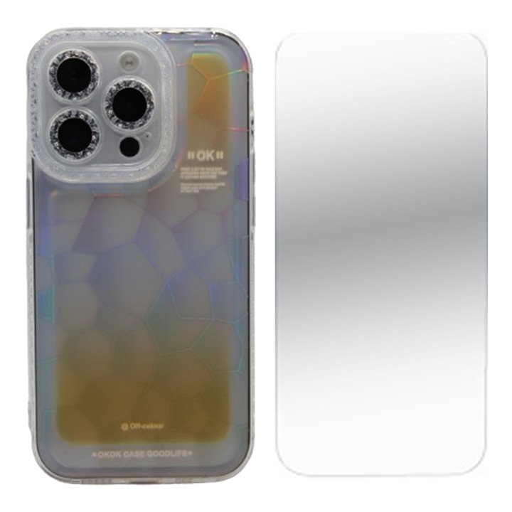 Set Folie Sticla Securizata 2.5D, Crystal Clean, Case-Friendly si Husa Silicon Hard TPU pentru Apple Iphone 14 Plus, OPTIM SOLUTION, Holographic 3D Design, Ultra Protection, Perfect Slim Fit, Galben