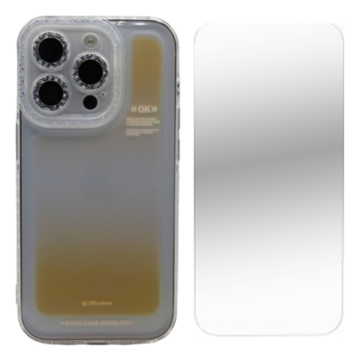 2.5D Secure üvegfólia készlet, kristálytiszta, tokbarát és szilikon kemény TPU burkolat Apple Iphone 14 Pro telefonhoz, OPTIM SOLUTION, matt sárga árnyalat gradiens dizájn, ultra védelem, tökéletes vékony illeszkedés, sárga