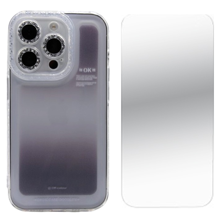 2.5D Secure üvegfólia készlet, kristálytiszta, tokbarát és szilikon kemény TPU tok Apple Iphone 14 Plus készülékhez, OPTIM MEGOLDÁS, matt szürke árnyalat gradiens dizájn, ultra védelem, tökéletes vékony illeszkedés, szürke