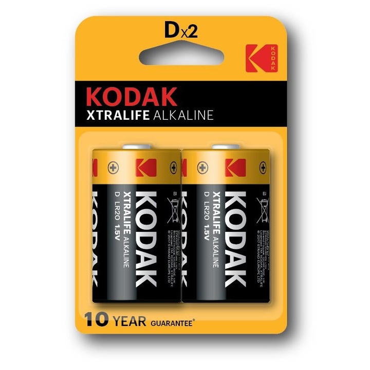Set 2 baterii alcaline Kodak Xtralife LR20, 1.5V, 15500mAh