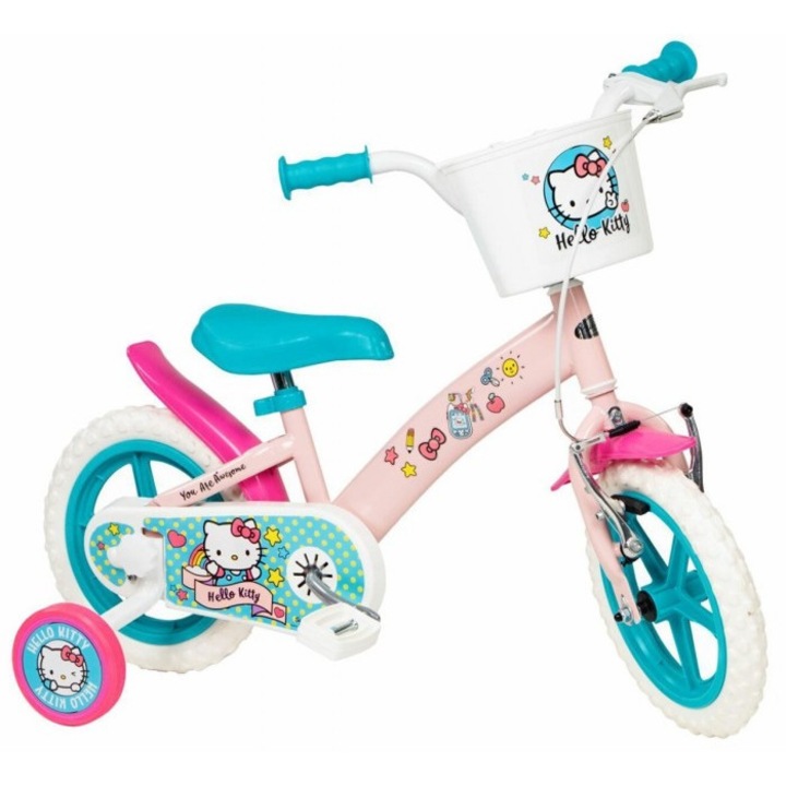 Детски велосипед, Toimsa, Hello Kitty, Стомана/Пластмаса, Помощни колела, Розово/Тюркоаз