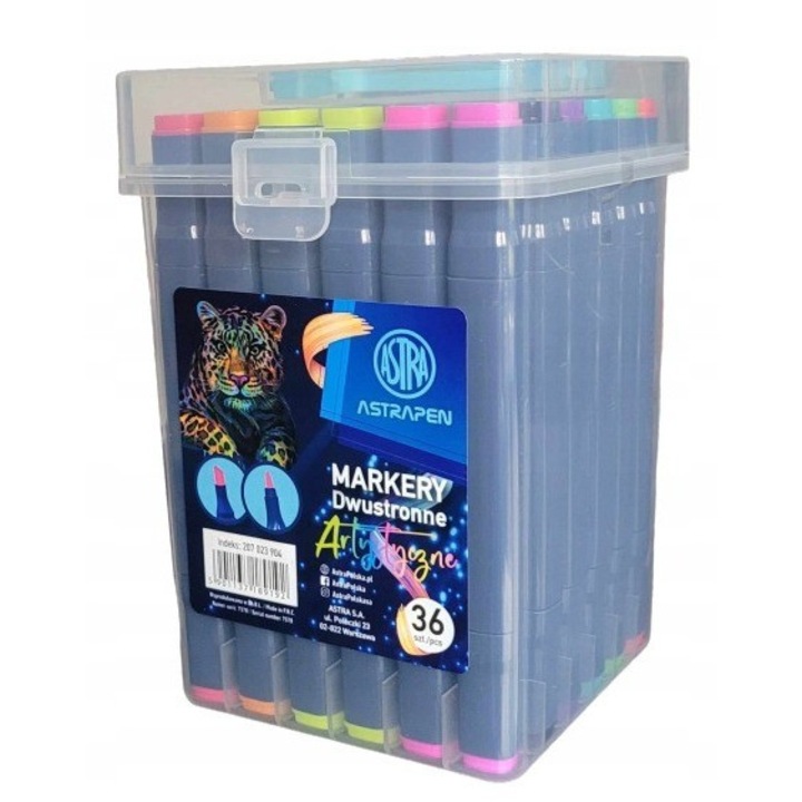 Set 36 markere artistice ASTRA art-pap, dublu varf, cu organizator, 115x165x125mm