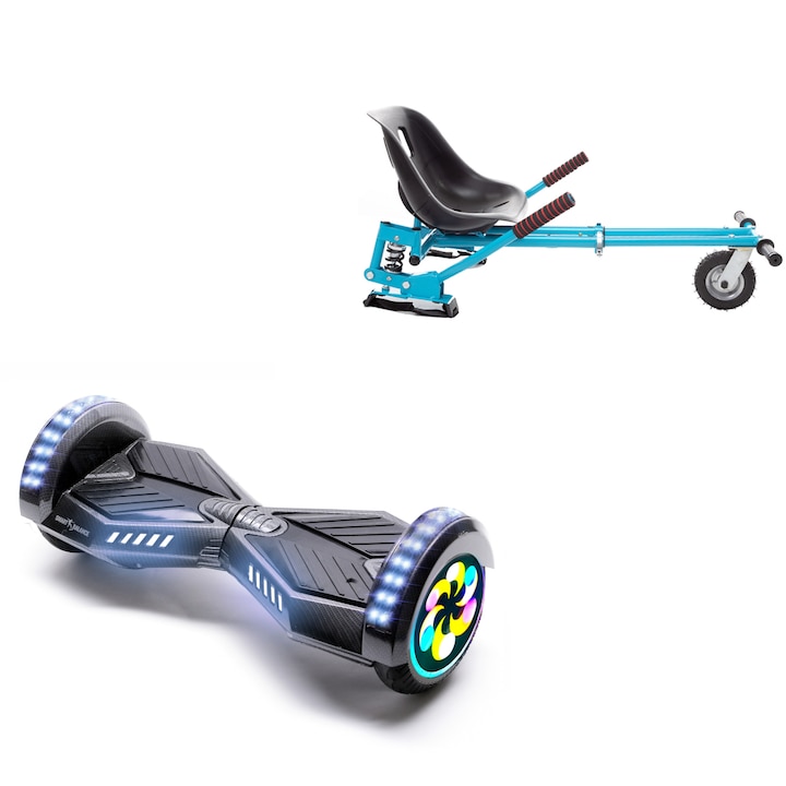 Pachet Hoverboard 8 inch cu Scaun cu Suspensii, Transformers Carbon PRO, Autonomie Extinsa si Hoverkart Albastru cu Suspensii Duble, Smart Balance