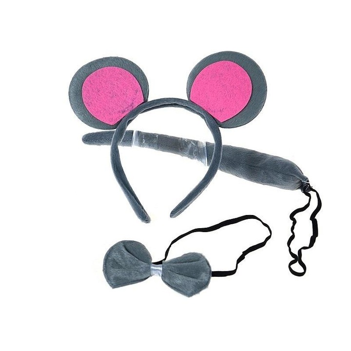 Set 3 accesorii costum soarece pentru copii, Adar, 3ani+, Gri/Roz