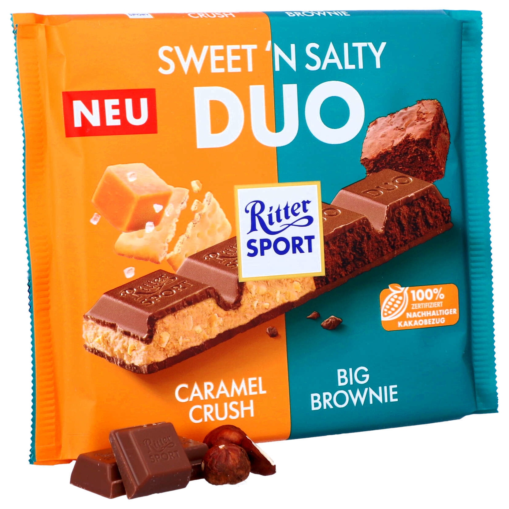 Ciocolata cu lapte Ritter Sport DUO, biscuiti de caramel sarat, browni ...